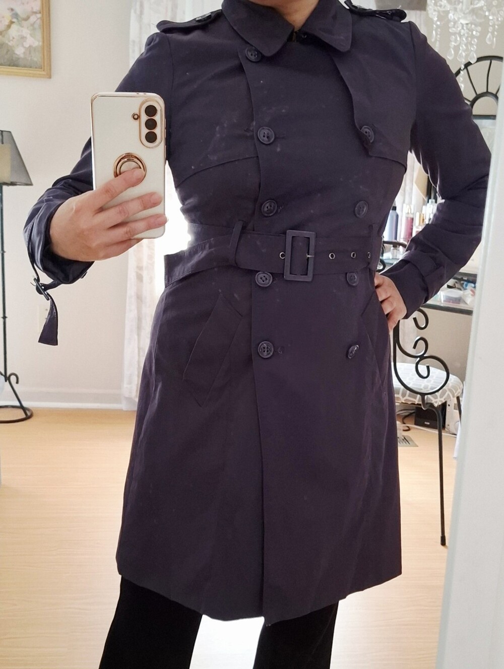New York & Company Double-Breasted Plum Trench Coat